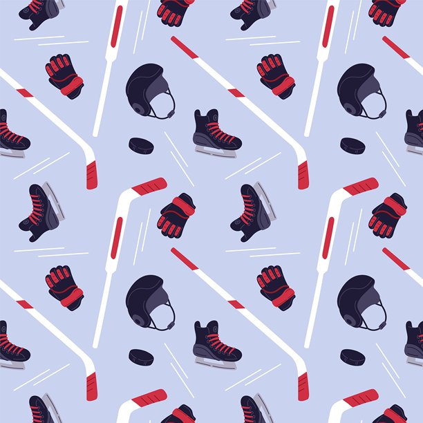 冰球元素无缝图案。团队运动。重复印刷。俱乐部和冰球。运动员服装。竞技比赛。滑冰鞋和头盔。冬季配件。鲜艳的矢量背景。图片下载