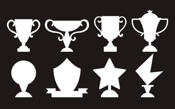 奖杯获奖杯轮廓奖品奖励孤立套装概念。矢量设计图形插图图片下载
