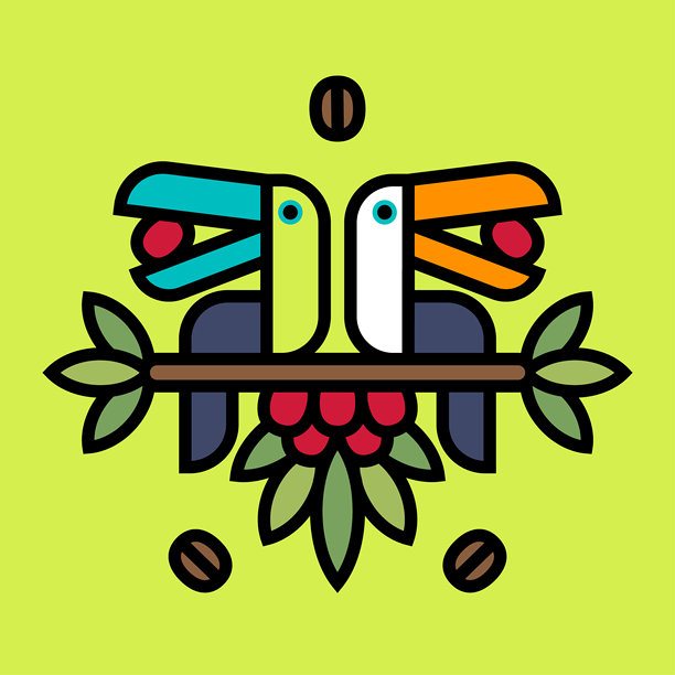 两只热带鸟嘴里叼着咖啡豆。咖啡的标签或包装。几何风格的扁平插图。图片下载