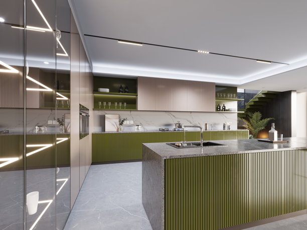 现代厨房内部，配有绿色橱柜、大理石岛台、极简设计、内置照明、开放式布局、现代装饰、时尚元素和流畅的建筑细节，营造出一个精致而实用的空间。图片下载