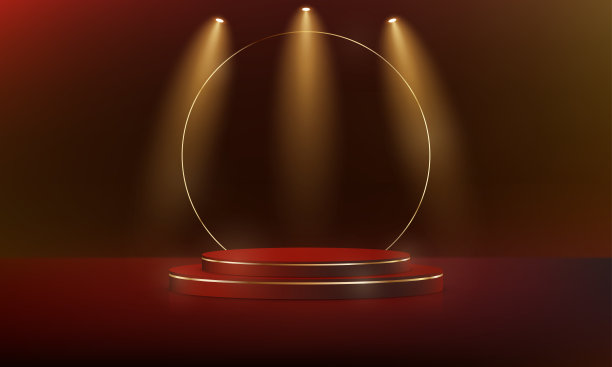 红色背景的3D金色展台，用于产品展示。矢量插图。图片下载