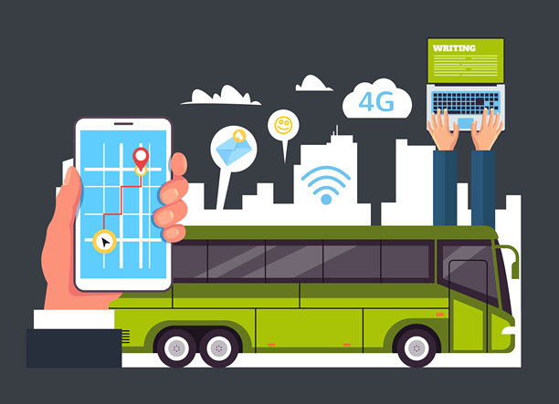 带有Wi-Fi在线技术的城市公交车无线概念。矢量卡通图形设计元素插图图片下载