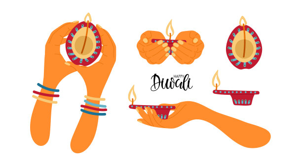 排灯节灯饰套装。年轻的印度女商人穿着传统印度服装。印度女性的头部黑发被民族服装覆盖。平面卡通矢量插图。图片下载