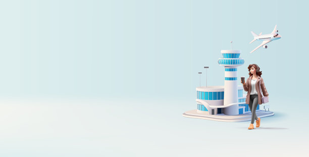 机场附近，一位年轻女孩手拿咖啡的3D角色，天空中有一架客机。旅行、度假、商业优惠和航空运输概念的横幅。矢量图。图片下载