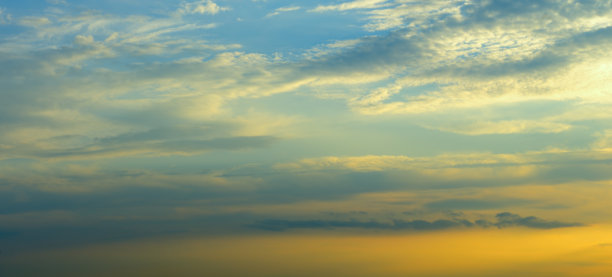 日落天空背景，日出时分的光亮云彩。宽幅照片。图片下载