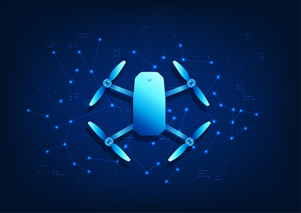 智能无人机技术，利用无人机对区域进行检查，适用于农业、测量、拍摄和产品配送。它扫描并将数据发送给接收器。矢量插图。图片下载