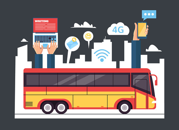 带有Wi-Fi在线技术的城市公交车无线概念。矢量卡通图形设计元素插图图片下载