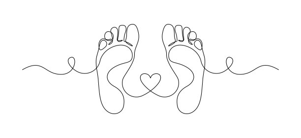 一幅连续线条画，描绘了光脚和脚印。优雅的女性足部以简单的线条风格呈现。体现了健康按摩和对柔软肌肤的关爱。可编辑的线条。一笔画风格的插图。图片下载