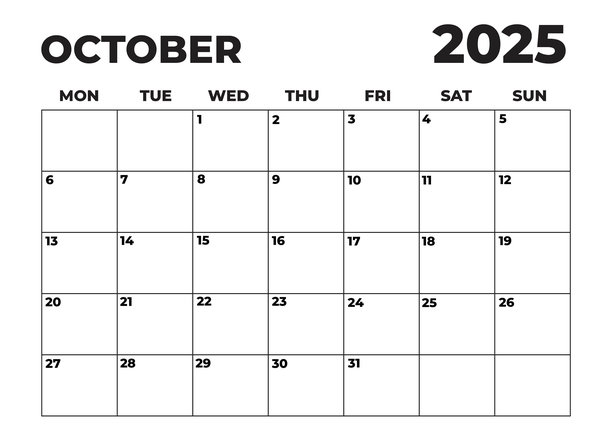 2025年10月月度计划表，极简黑白日历，周一开始的可打印日历，简约日历，带日期的月度计划表，简单的月度组织者，横向月度计划表图片下载