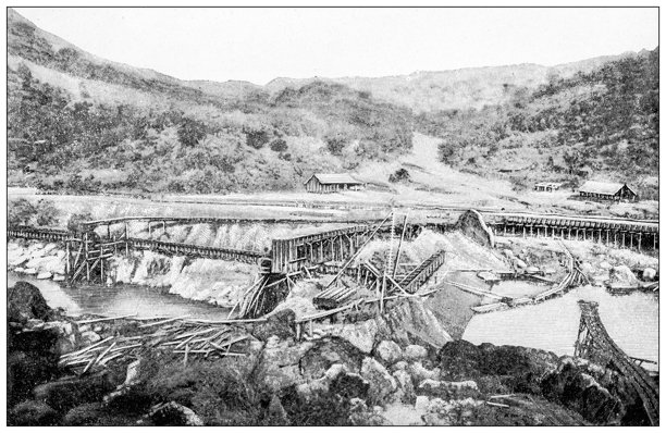 加利福尼亚淘金者羽毛河上的水闸古董图片图片下载