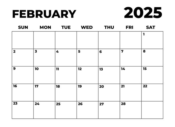 2025年2月月度计划表，极简黑白日历，周日开始可打印日历，简约日历，带日期的月度计划表，简单的月度组织者，横向月度计划表图片下载