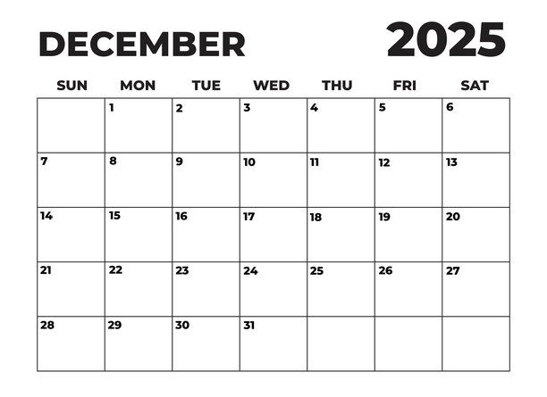 2025年12月月度计划表，简约黑白日历，周日开始的可打印日历，简洁日历，带日期的月度计划表，简单的月度组织者，横向月度计划表图片下载