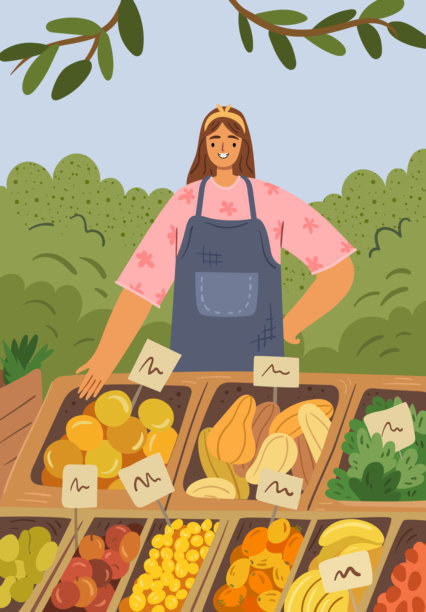在市场摊位上售卖水果和蔬菜的女农民。矢量女性角色摊贩，旁边有南瓜、生菜和香蕉的箱子，以及待售的水果、葡萄、浆果和苹果。图片下载