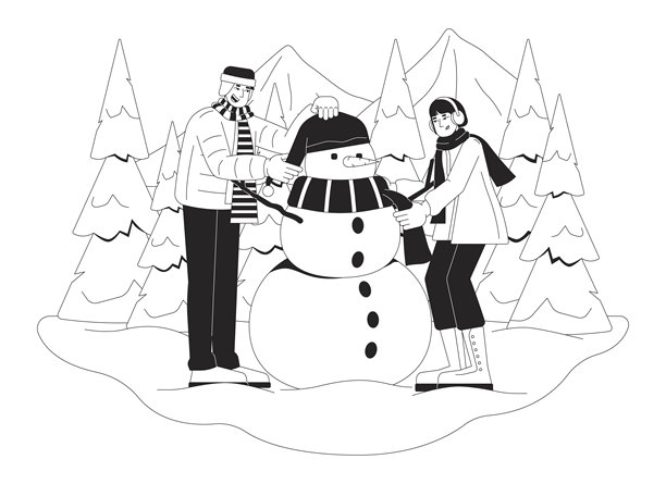 亚洲成年人在黑白线条插图中堆雪人图片下载