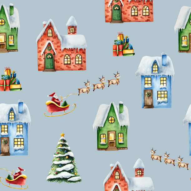 冬季雪覆盖房屋的无缝图案。圣诞老人坐在红色雪橇上，旁边有一袋礼物。圣诞树，水彩手绘插图，背景独立。适合设计师、装饰和包装纸使用。图片下载