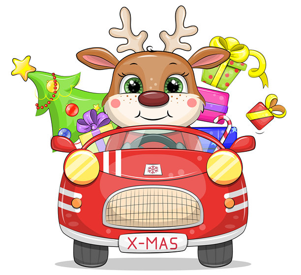 可爱的卡通红色汽车，车上有一只鹿、礼物和圣诞树。图片下载