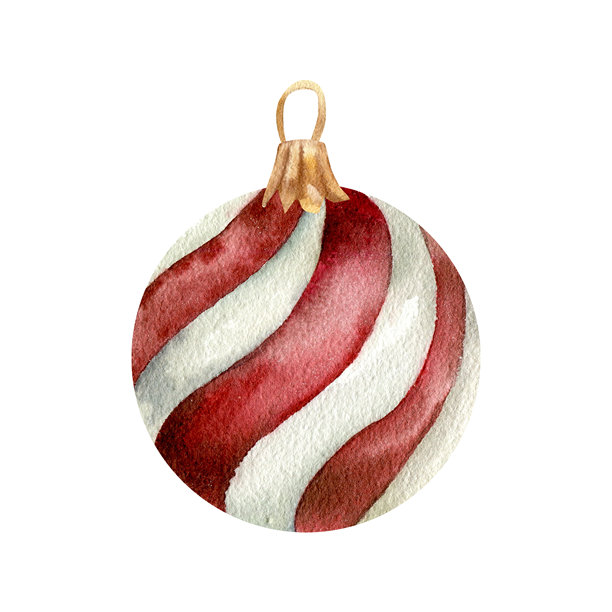 圣诞树装饰红白条纹球水彩插图。独立元素，适用于新年挂松树玩具的贺卡、派对邀请和包装设计。图片下载