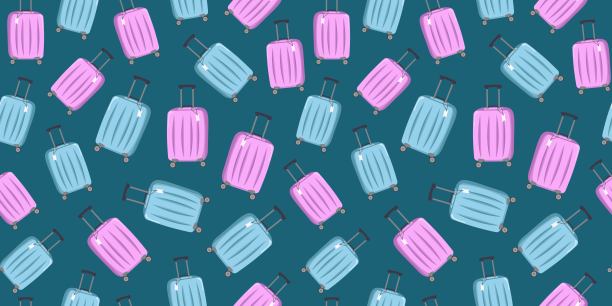 旅游、休闲、旅行的图案。旅行箱。无缝背景。带手柄、轮子和可伸缩手柄的旅行包，适合商务旅行和度假。旅行者的行李。扁平设计，插图。图片下载