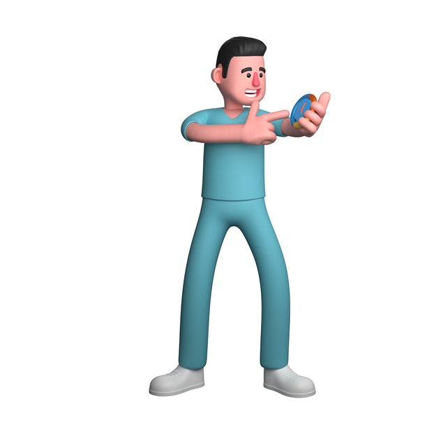 卡通风格的医院护士。一名男护士站着，左手拿着手表，右手指向时钟。3D男性图片下载