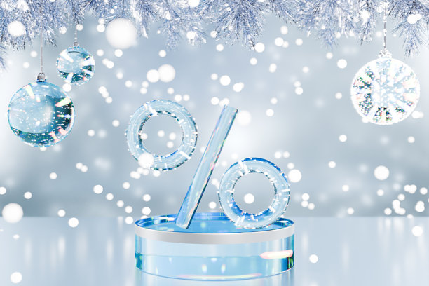 假日主题展示，中央是一个水晶百分号，周围环绕着雪花和装饰品。3D渲染。图片下载