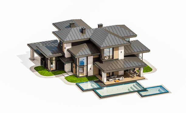 现代两层房屋的3D渲染，带有灰色和木质装饰，白色背景下的日光照射。图片下载