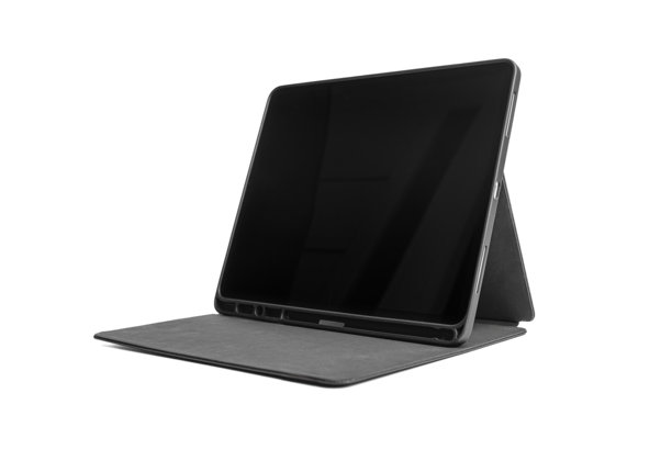 黑色平板电脑放在白色背景上的支架上。图片下载