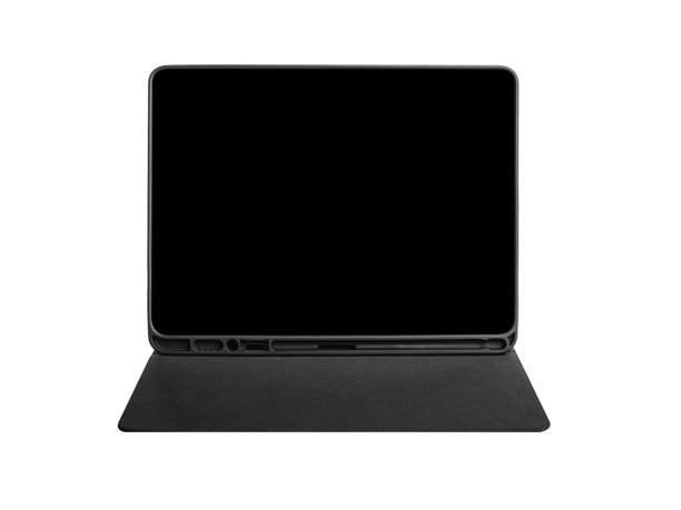 黑色平板电脑放在白色背景上的支架上。图片下载