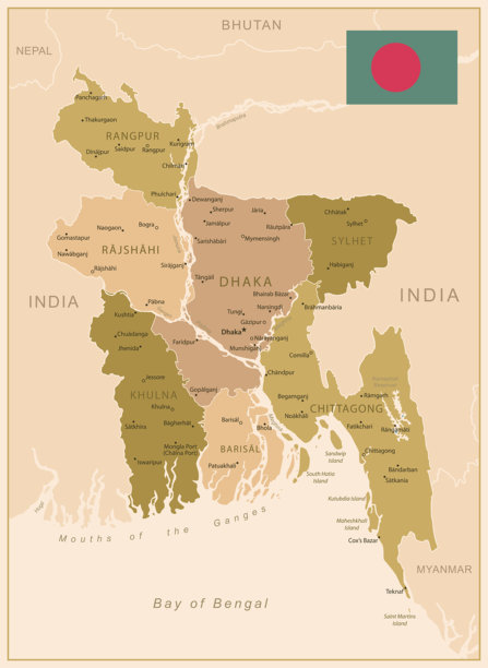 孟加拉国 - 详细的国家地图，采用棕色调，划分为各个地区。图片下载