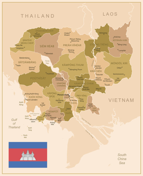 柬埔寨 - 详细的国家地图，采用棕色调，划分为不同区域。图片下载