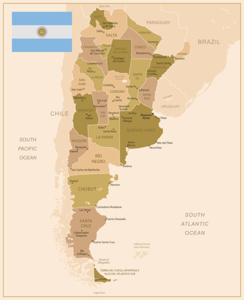 阿根廷 - 详细的国家地图，采用棕色调，划分为不同区域。图片下载