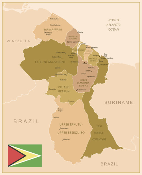 圭亚那 - 详细的国家地图，采用棕色调，划分为各个地区。图片下载
