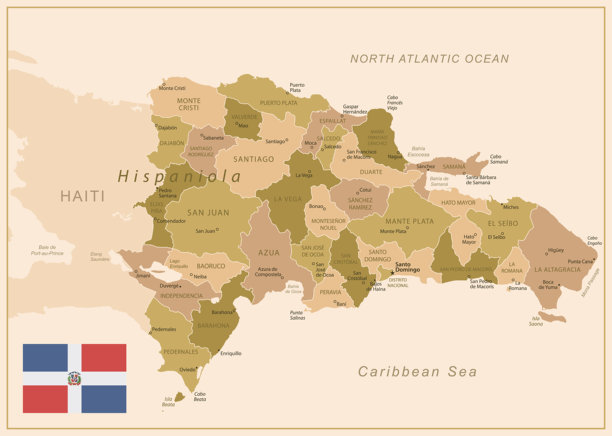 多米尼加共和国 - 以棕色为主的详细地图，划分为不同区域。图片下载