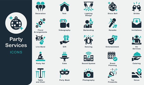 派对服务实心图标集合，包括社交活动、庆祝、邀请、烟花、气球、活动策划、餐饮、调酒、饮料、现场乐队、摄影、灯光、礼物、蛋糕。图片下载