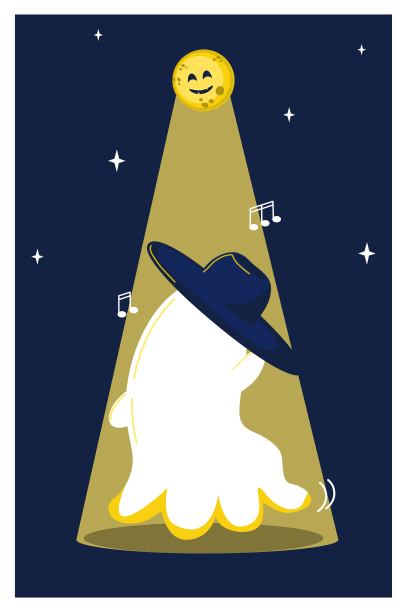一只戴着帽子的可爱鬼魂在月光下跳舞，充满趣味的万圣节贺卡。图片下载