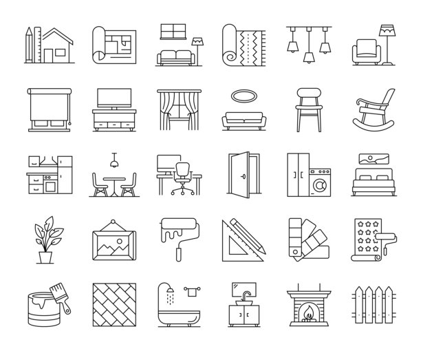 家居装饰与室内设计线性图标集：建筑师、家具、潮流、时尚图片下载