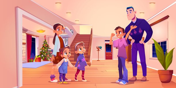 孩子们和男人在家里的大厅过圣诞节图片下载