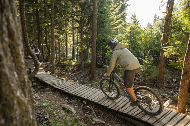 山地自行车骑行者穿越森林中的木栈道图片下载