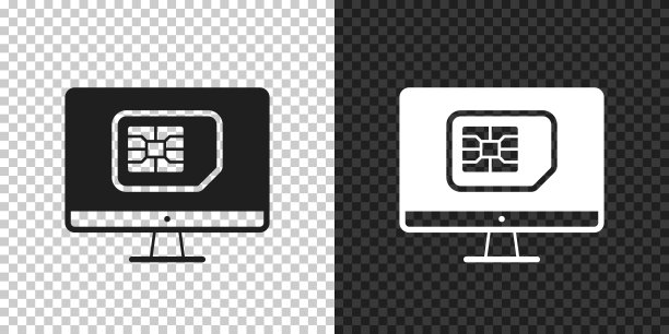 带有SIM卡的台式电脑。设计图标，背景为空白。图片下载