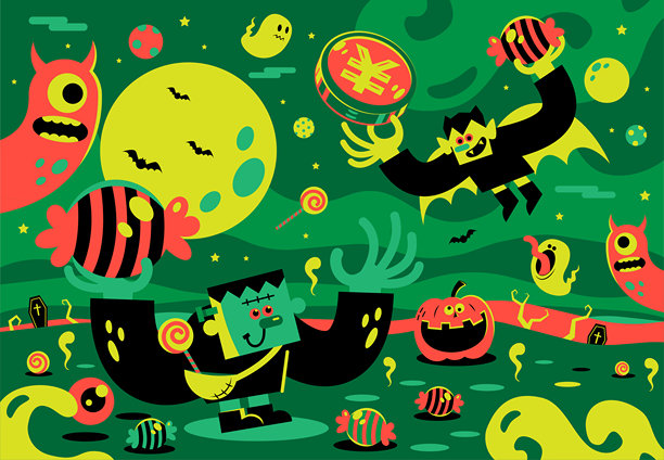吸血鬼王子携带金钱和糖果飞行，科学怪人欢迎，异想天开的万圣节派对，万圣节背景包括满月、蝙蝠、幽灵、糖果、眼球、怪物、棺材和南瓜灯图片下载