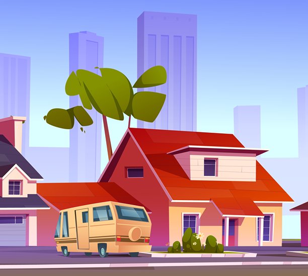 郊区小镇街道与城市天际线背景图片下载