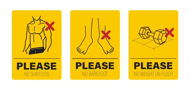 健身房禁用标签：禁止赤脚、裸露上身，禁止摔杠铃哑铃图片下载