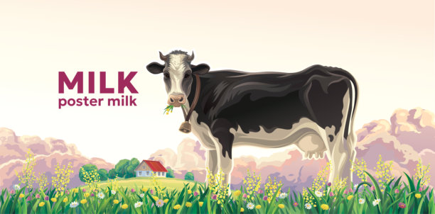 牛在乡村夏季风景中，背景是一座乡村房屋。图片下载