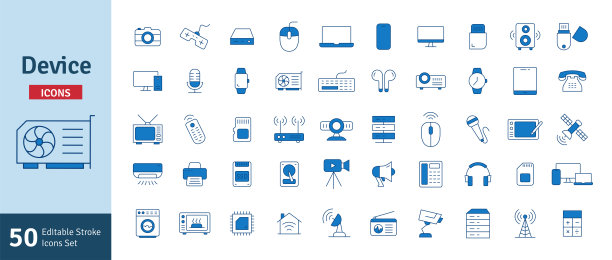 设备和技术蓝色可编辑线条图标集。智能设备、笔记本电脑、监控摄像头图标图片下载