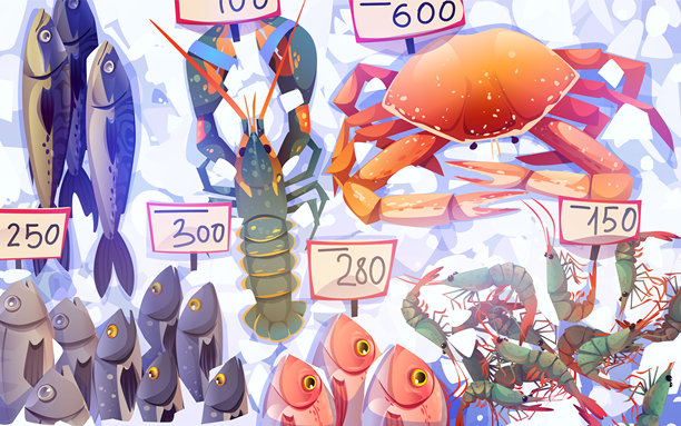 新鲜生海鲜放在冰上，附有价格标签。图片下载