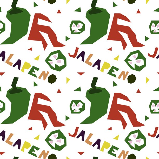 无缝图案呈几何形状的墨西哥胡椒，手绘，带有文字说明。蔬菜的整体和切面矢量插图。适用于包装纸、街头节日、农贸市场。图片下载