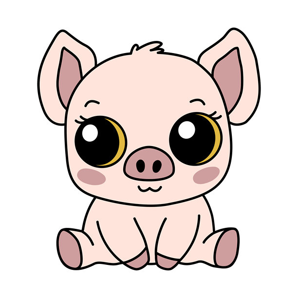 生肖猪，新年标志图标。可爱的亚洲风格孤立插图，吉祥物小猪。可爱的粉色小猪，眼睛大大，坐着微笑，背景为白色。图片下载