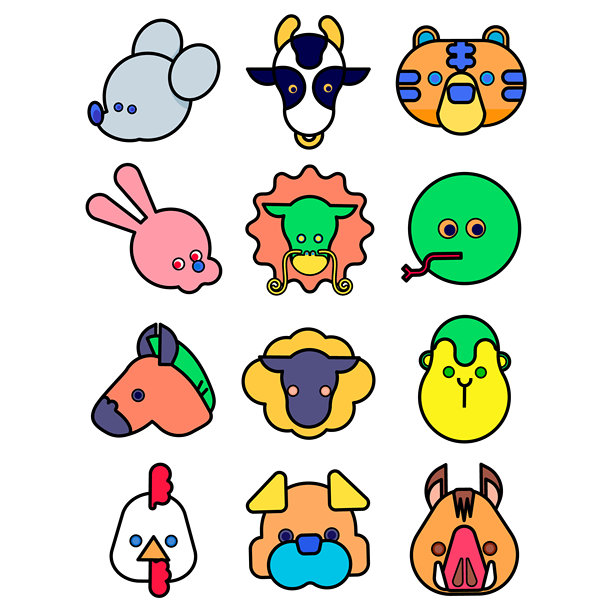 代表十二生肖的动物面孔插图（线条画）图片下载