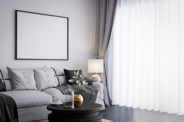 现代奢华风格的客厅，带有空白画框以供留白，3D渲染图图片下载