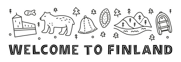 带有字母和涂鸦芬兰地标和景点的海报。图片下载