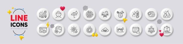 快速提示，地球和防水伞线条图标。用于网页应用和印刷。白色按钮3D图标。矢量图。图片下载